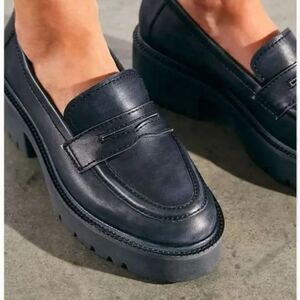 Free People Decker Penny Loafer Black Leather Lug Sole Platform EU 36.5 US 6.5